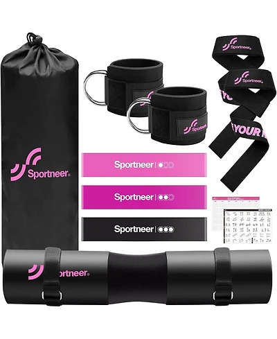 Barbell Pad Set: 10pc Squat Pad for Hip Thrusts, Lunges, Leg Day, Standard Olympic Bars with 2 Ankle Straps, 2 Lifting Straps, 3 Resistance Bands, Wor