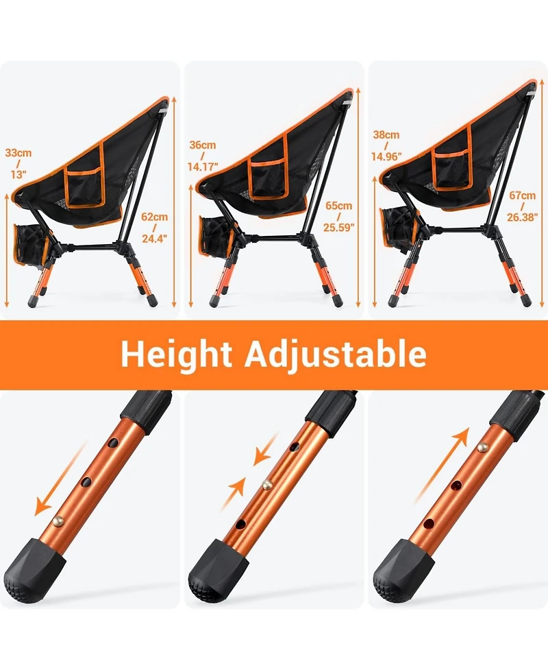 Sportneer Camping Chairs, Lightweight Outdoor Chairs Height Adjustable with 2 Side Pockets & Storage Bag (2, Orange)