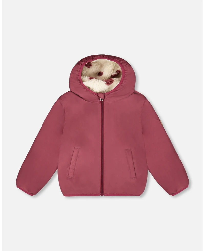 Deux par Girl Reversible Mid-Season Sherpa Jacket Burgundy Heart - Child