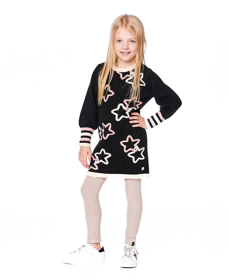 Deux par Girl Long Sleeve Knit Dress Black with Stars - Child