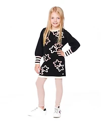Deux par Girl Long Sleeve Knit Dress Black with Stars - Child