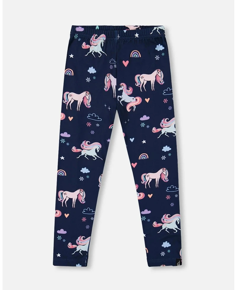 Deux par Girl Stretch Jersey Leggings Navy Unicorn Print