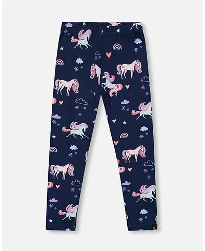 Deux par Girl Stretch Jersey Leggings Navy Unicorn Print - Child