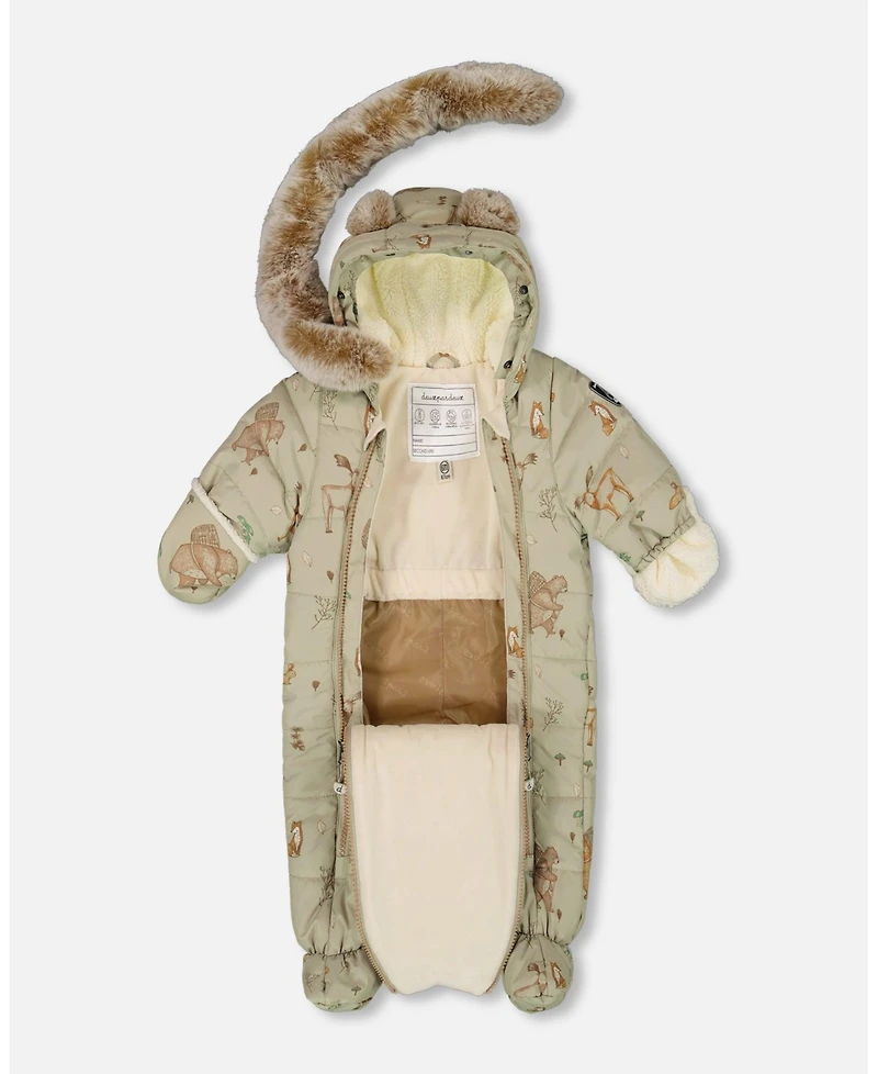 Deux par Baby Boy One-Piece Layette Snowsuit Designed for Car Seat Green Animal Print