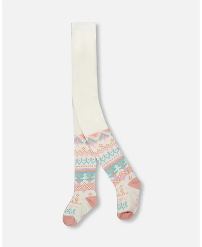Deux par Girl Knit Tights White Pink and Turquoise with Norwegian Jacquard - Toddler|Child
