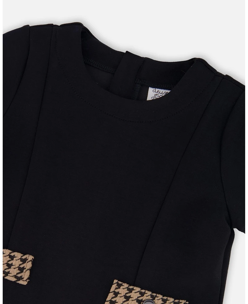 Deux par Deux Girl Short Sleeve Bi-Material Milano and Jacquard Knit Dress Black - Toddler|Child