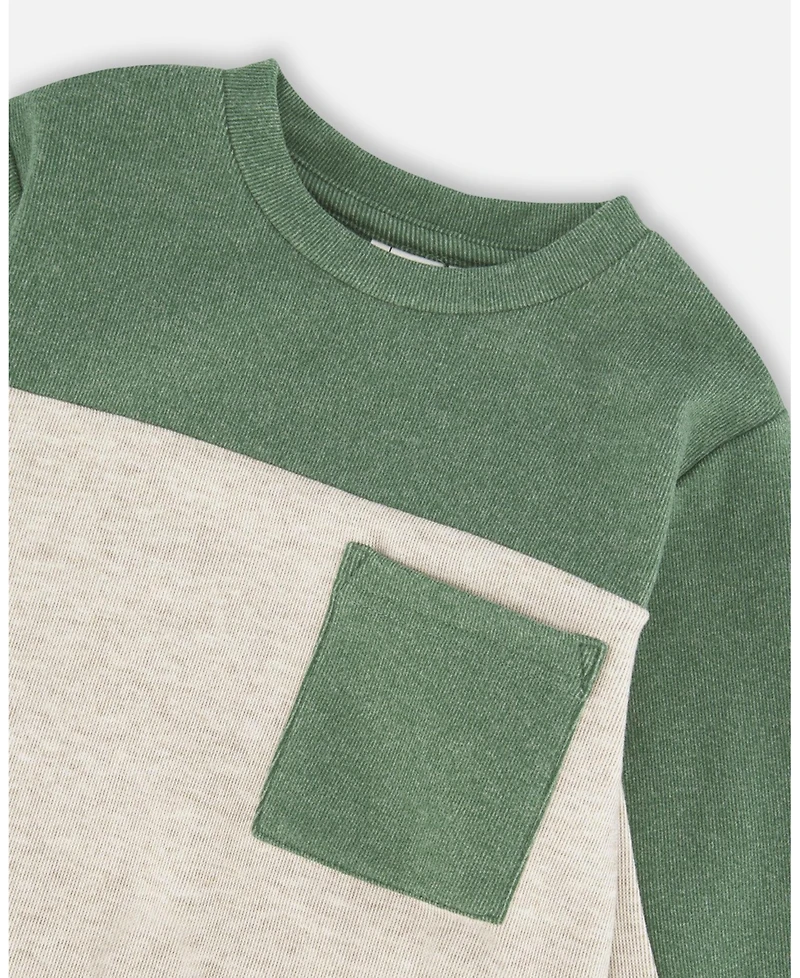 Deux par Boy Long Sleeve Super Soft Brushed Jersey Top Color Block Heather Beige