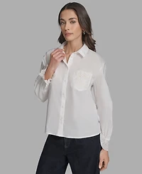 Bcbg Women's Long Sleeve Button-Up Embroidered Top