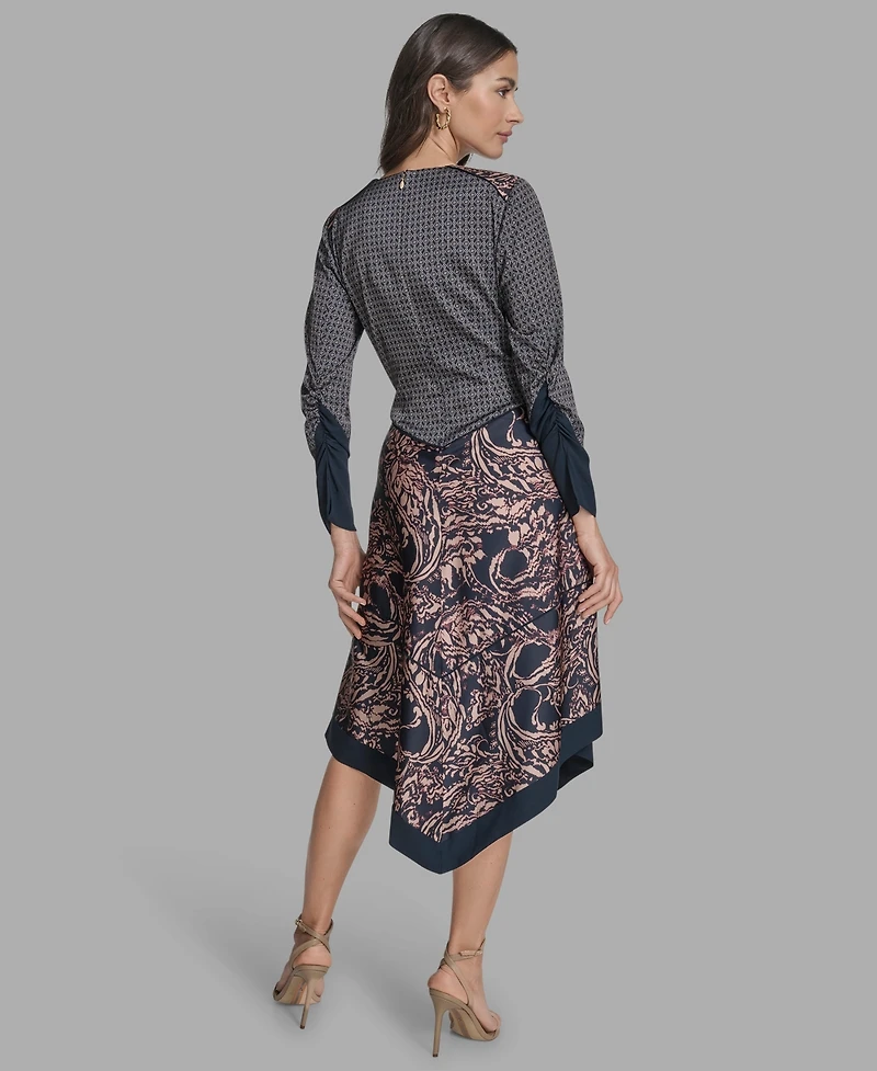 Bcbg Women's Long Sleeve Mix-Print V-Neck Dress