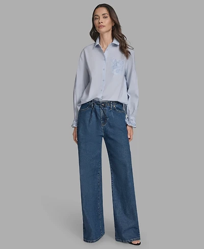 Bcbg Women's Long Sleeve Button-Up Embroidered Top