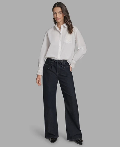Bcbg Women's Long Sleeve Button-Up Embroidered Top
