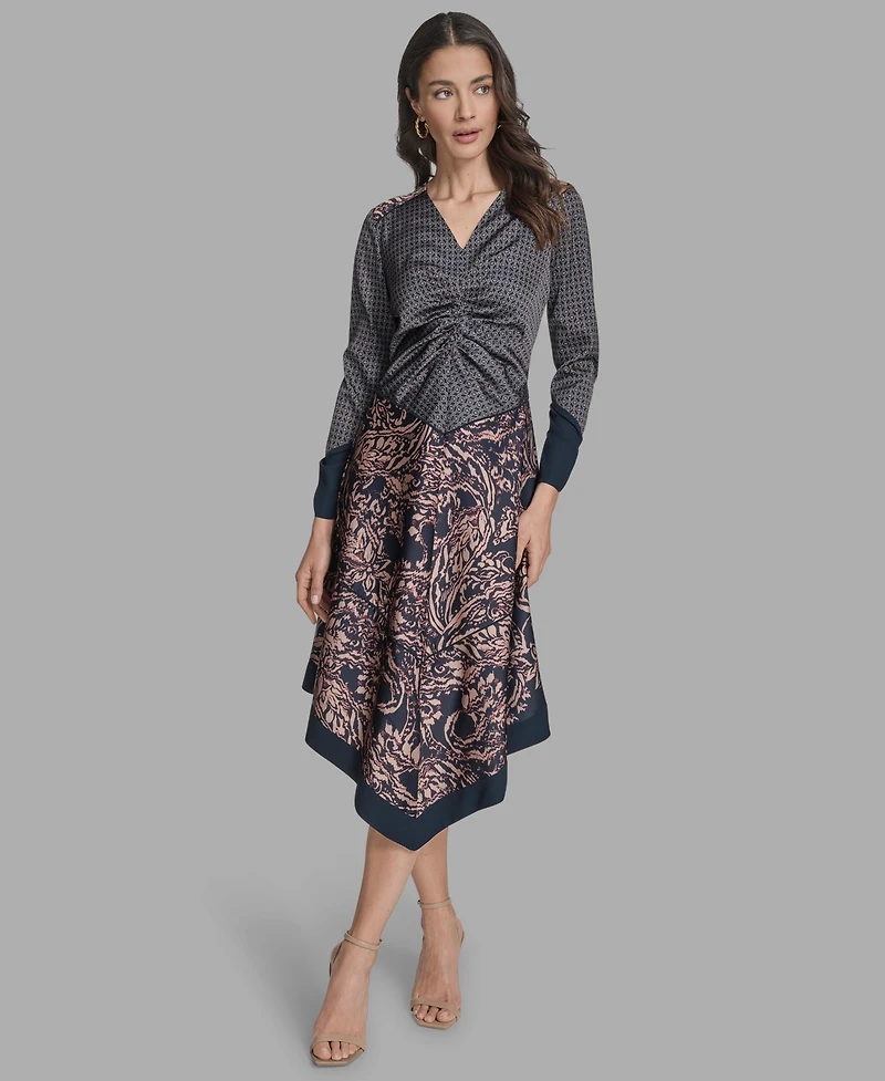 Bcbg Women's Long Sleeve Mix-Print V-Neck Dress