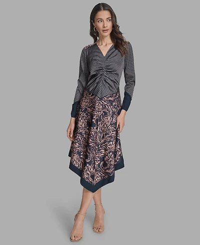 Bcbg Women's Long Sleeve Mix-Print V-Neck Dress