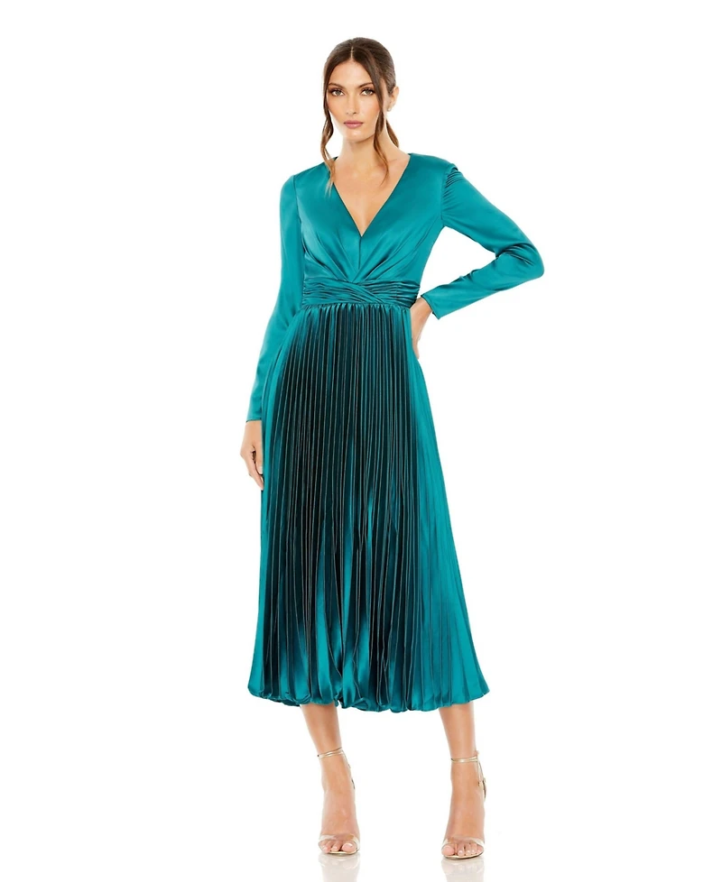 Mac Duggal Women's Long Sleeve Satin Charmeuse Dress with Classic Pleating