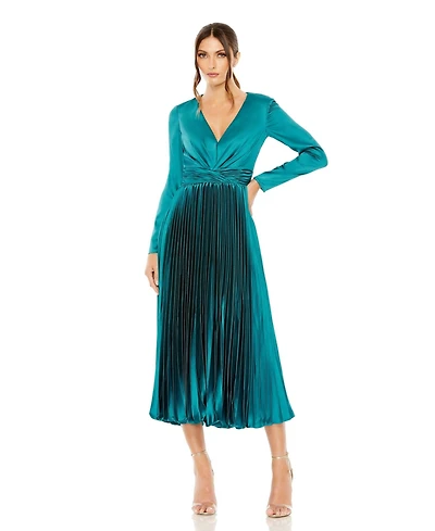 Mac Duggal Women's Long Sleeve Satin Charmeuse Dress with Classic Pleating