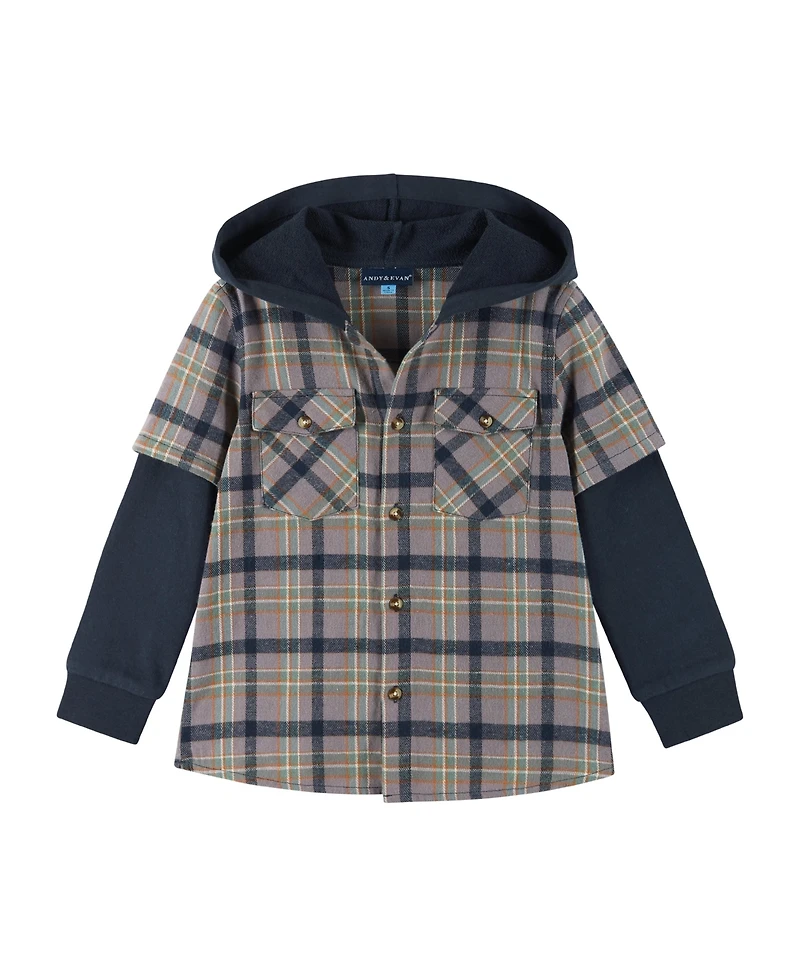 Andy & Evan Toddler/Child Boys Brown Plaid/Navy Twofer Hoodie