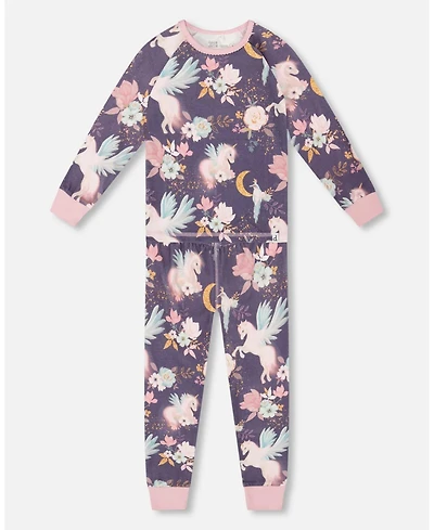 Deux par Girl Cotton Two-Piece Pajamas Watercolor Unicorns