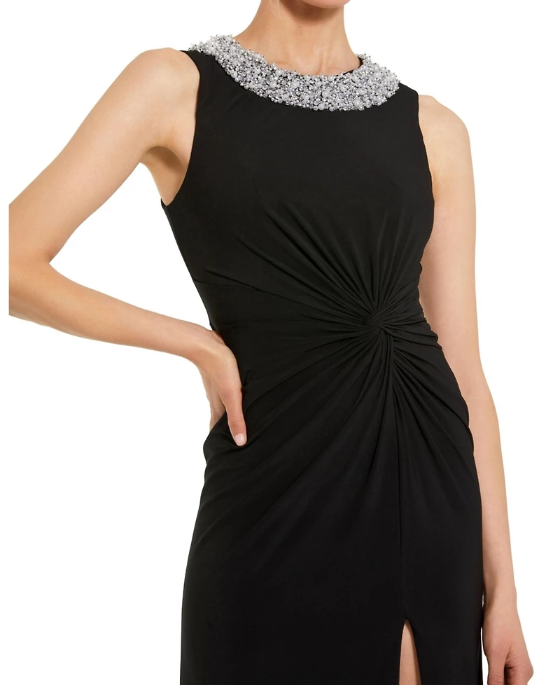 Mac Duggal Women's Jersey Sleeveless Beaded Neck Gown With Twist