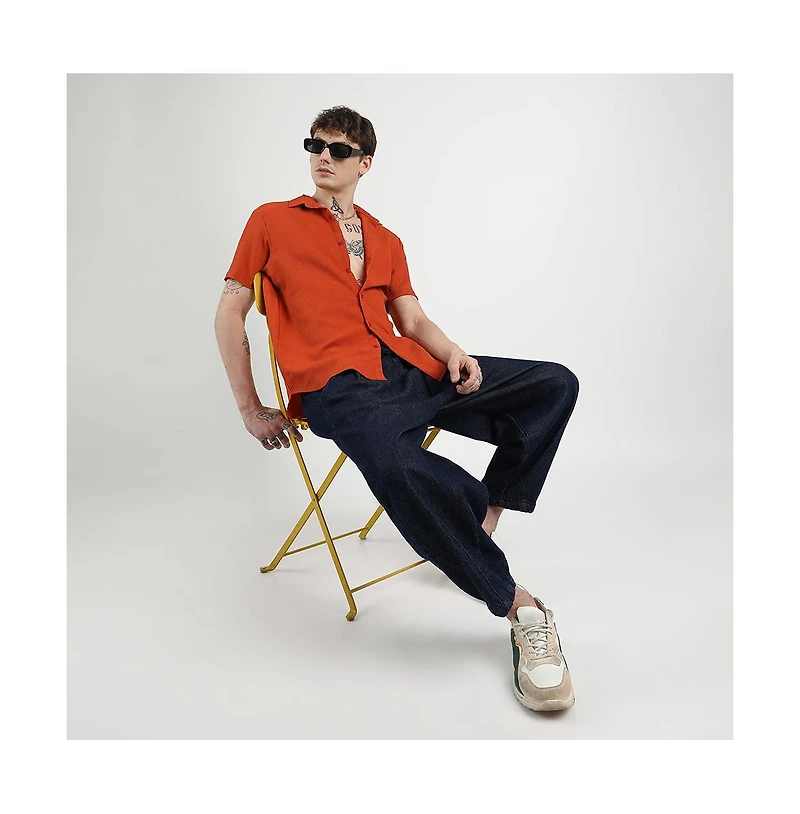 Campus Sutra Men's Red Ruched Regular Fit Casual Shirt