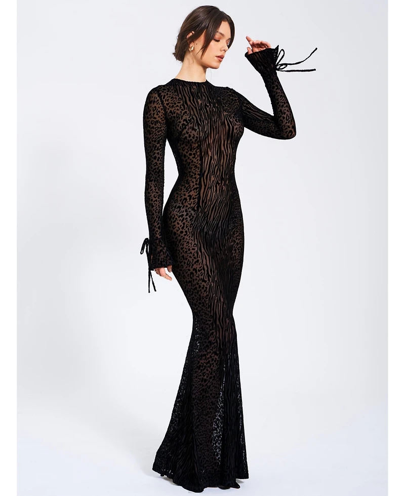 Miss Circle Women Waylynn Animal Print Burnout Velvet Detail Mesh Backless Maxi Dress