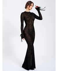 Miss Circle Women Waylynn Animal Print Burnout Velvet Detail Mesh Backless Maxi Dress