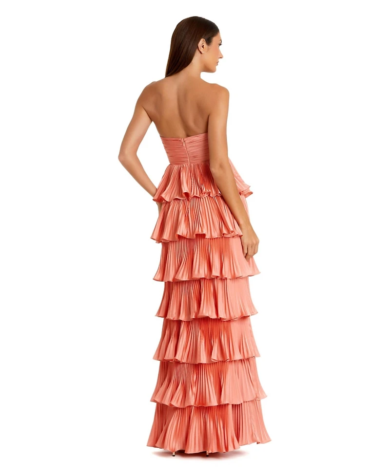 Mac Duggal Women's Pleated Charmeuse Strapless Tiered Ruffle Gown