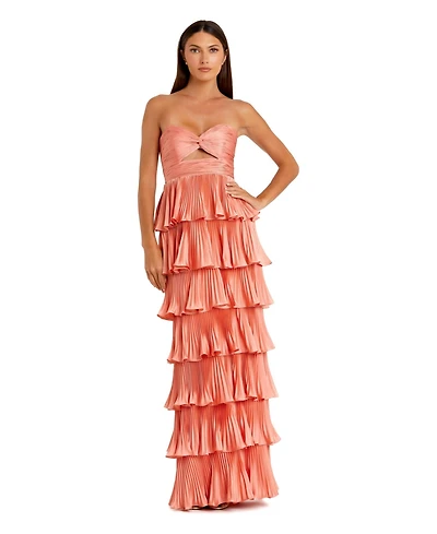 Mac Duggal Women's Pleated Charmeuse Strapless Tiered Ruffle Gown