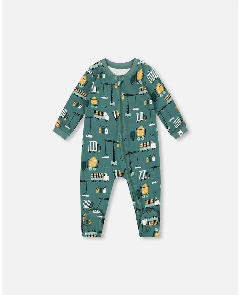 Deux par Baby Boys One-Piece Cotton Pajama Teal Construction Print
