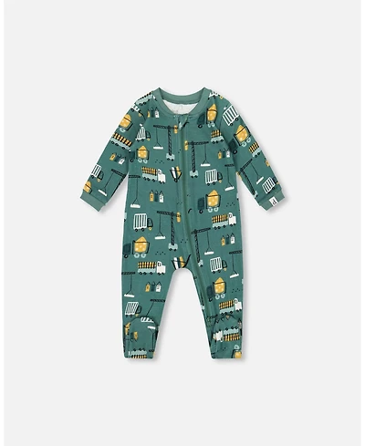 Deux par Baby Boys One-Piece Cotton Pajama Teal Construction Print