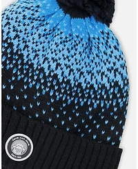 Deux par Boy Winter Knit Pompom Hat with Lining Black and Blue - Toddler|Child