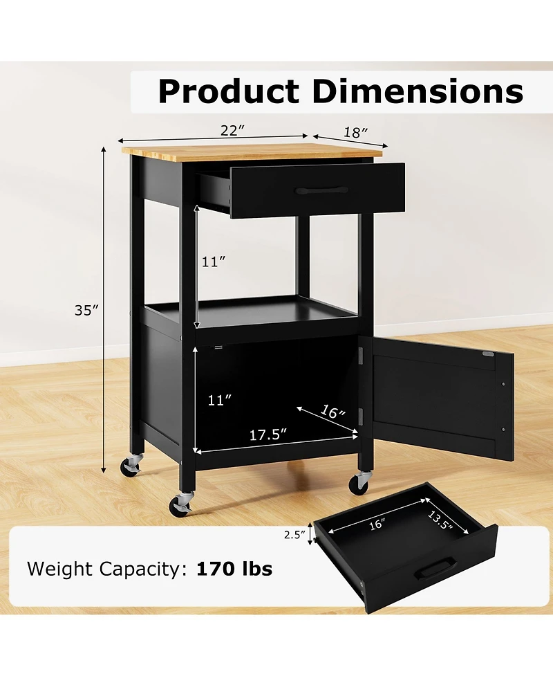 Gymax Rolling Kitchen Island Cart w/ Rubber Wood Top Drawer