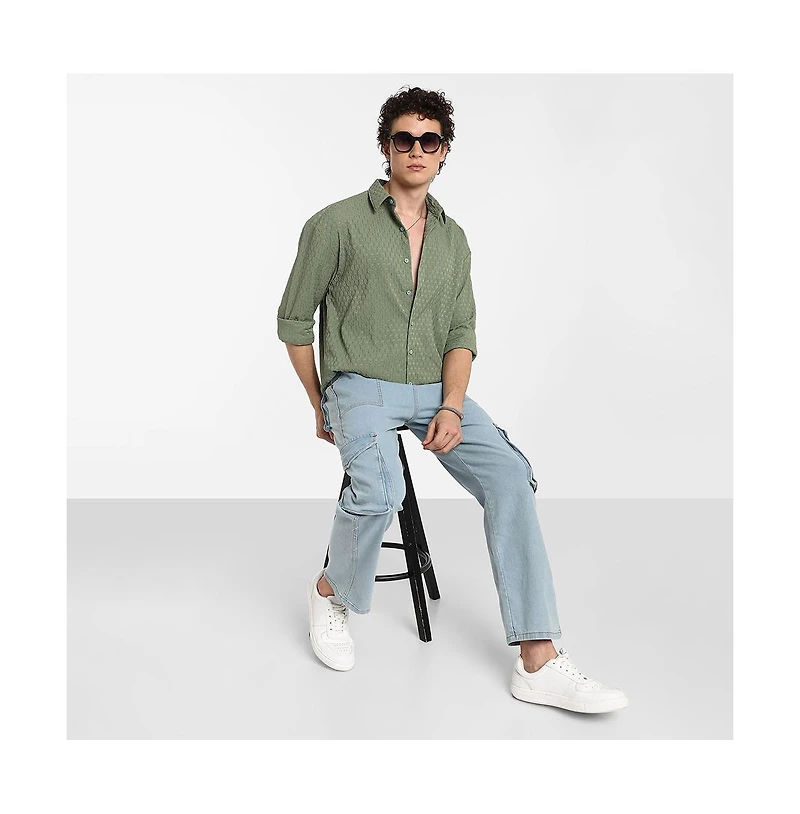 Campus Sutra Men's Fern Green Honeycomb-Textured Oversized Shirt