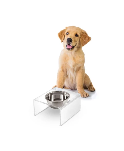 The Licker Store Keaton Modern Acrylic Rectangular Elevated Pet Feeder with 2-Stainless Steel Bowls