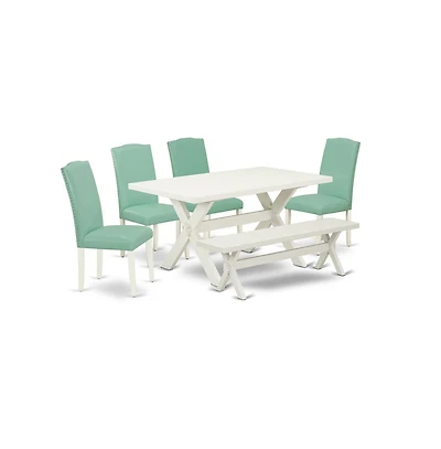 East West Furniture 6-Piece Wood Dining Table Set-Pond Linen Fabric Seat and Button Tufted Chair Back Kitchen chairs, A Rectangular Bench and Rectangu