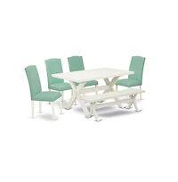 East West Furniture 6-Piece Wood Dining Table Set-Pond Linen Fabric Seat and Button Tufted Chair Back Kitchen chairs, A Rectangular Bench and Rectangu