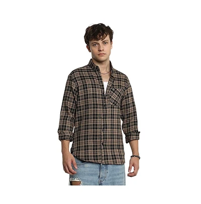 Campus Sutra Men's Tan Brown & Charcoal Black Tartan Plaid Shirt