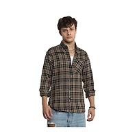Campus Sutra Men's Tan Brown & Charcoal Black Tartan Plaid Shirt