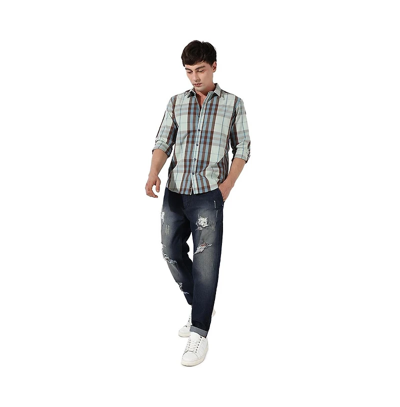 Campus Sutra Men's Sage Green Tartan Plaid Shirt