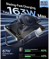 Baseus 163W Retractable Car Charger Usb C Fast Charging, PrimeTrip VR2 Max 4 in 1 Car Charger with Dual Usb C Cable
