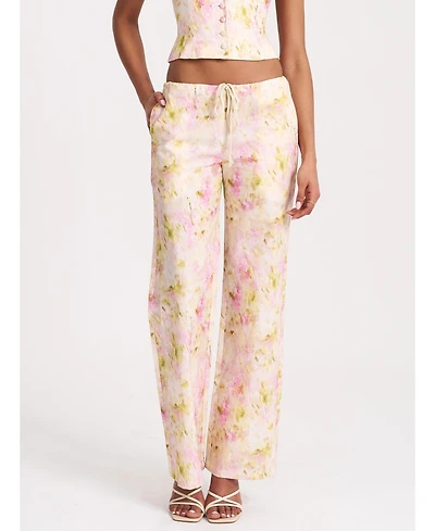 Miss Circle Women's Laureen Pink Floral Print Linen Straight Pants