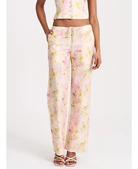 Miss Circle Women's Laureen Pink Floral Print Linen Straight Pants