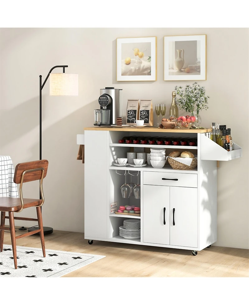 Gymax Drop-Leaf Kitchen Island Cart w/ Power Outlet Wine Rack Glass Holder Drawer