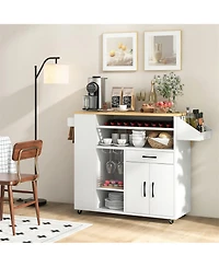 Gymax Drop-Leaf Kitchen Island Cart w/ Power Outlet Wine Rack Glass Holder Drawer