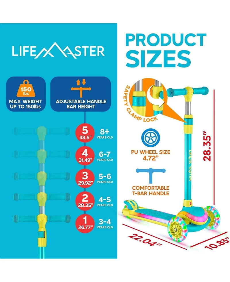 Lifemaster 3-Wheel Kids Scooter with Multi-Color Lights on Deck & Wheels – 5-Height Handlebar, Wide Anti-Slip Deck, Child Safety Certified, Boys & Gir
