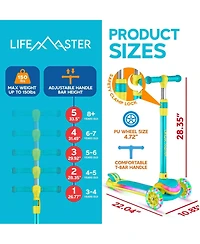 Lifemaster 3-Wheel Kids Scooter with Multi-Color Lights on Deck & Wheels – 5-Height Handlebar, Wide Anti-Slip Deck, Child Safety Certified, Boys & Gir