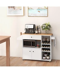 Gymax Kitchen Island Cart w/ Drop-Leaf & Power Outlet Microwave Shelf Wine Rack Drawer