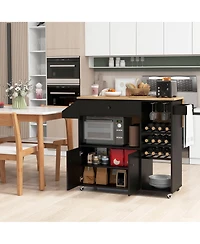 Gymax Kitchen Island Cart w/ Drop-Leaf & Power Outlet Microwave Shelf Wine Rack Drawer