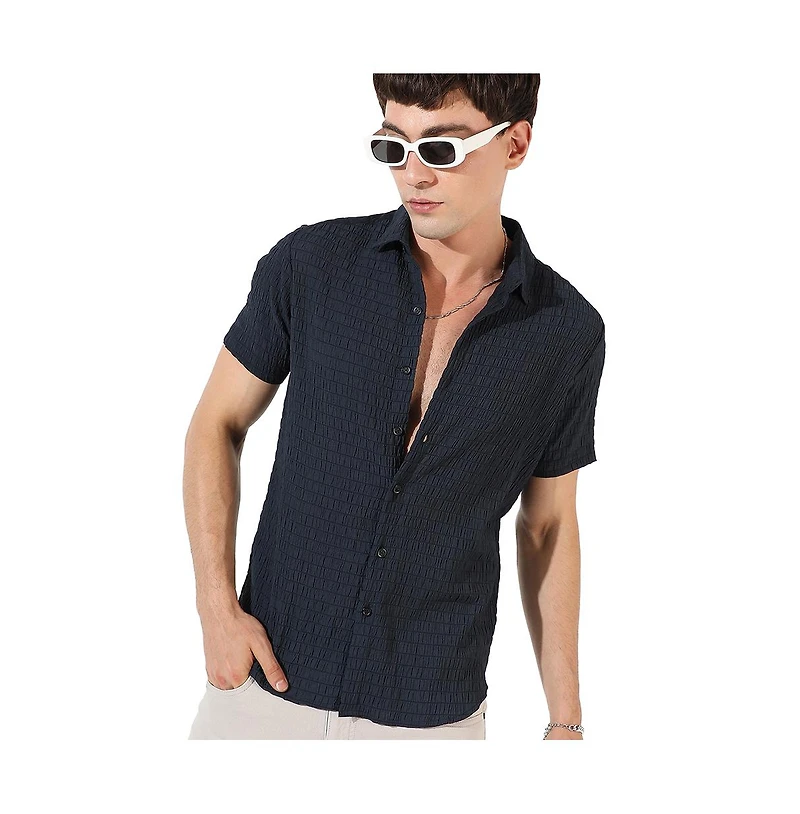 Campus Sutra Men's Black Textured Regular Fit Casual Shirt