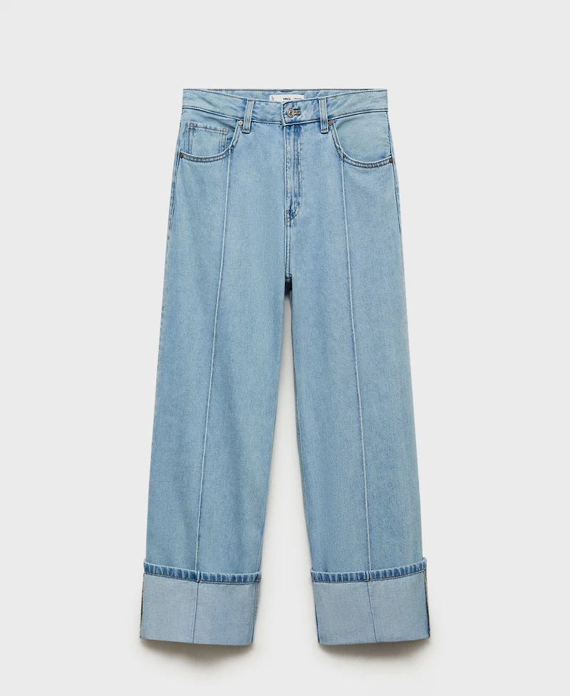 Mango Women's Turned-Up Hem Wide Leg Cropped Jeans