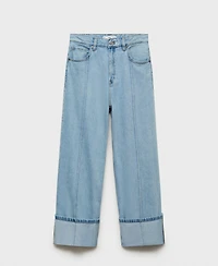 Mango Women's Turned-Up Hem Wide Leg Cropped Jeans